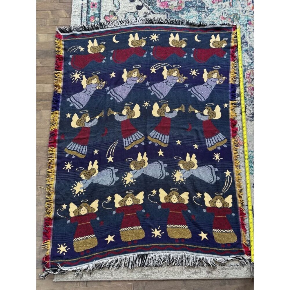 Vintage Crown Crafts Angel Tapestry Blanket - 90s Whimsigoth Cottagecore Fringe